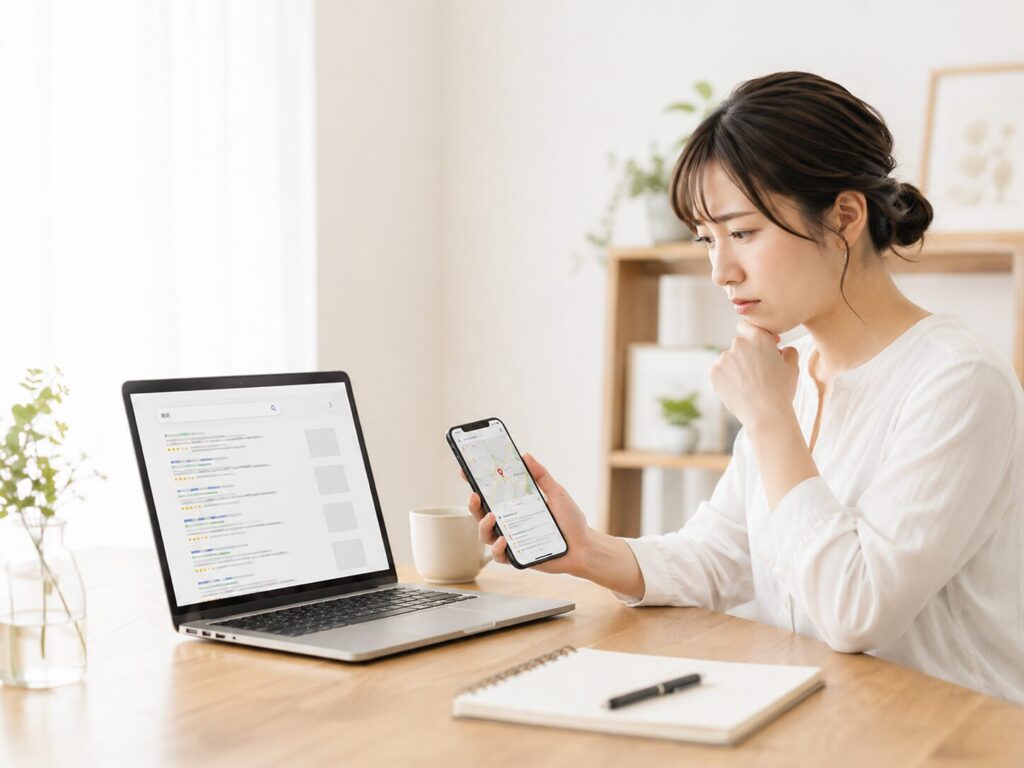 検索結果と地図情報を見比べながら、事業の見つかりにくさを確認する女性