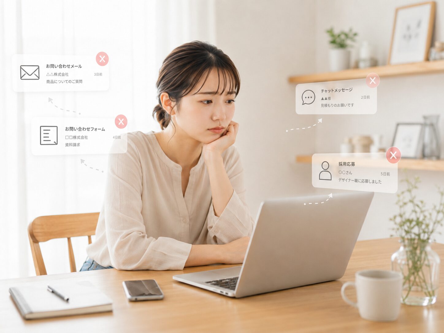 お問い合わせや採用応募の通知を見ながら、機会損失に悩む小規模事業者の女性