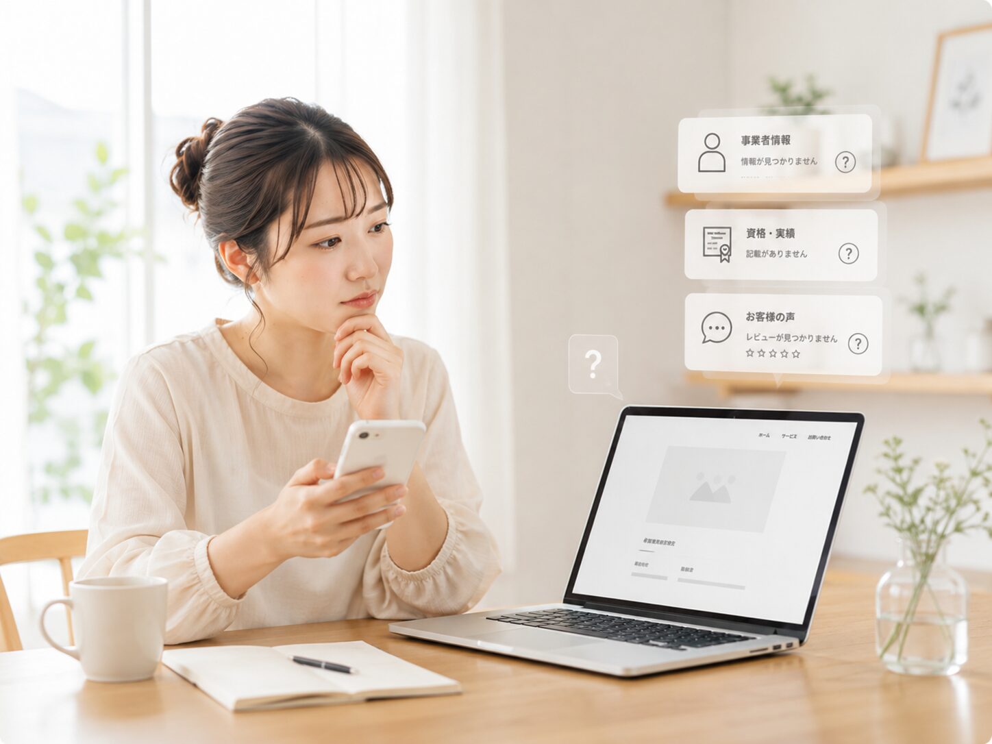 ホームページ上の情報不足に不安を感じながら、スマートフォンとノートパソコンを確認する女性