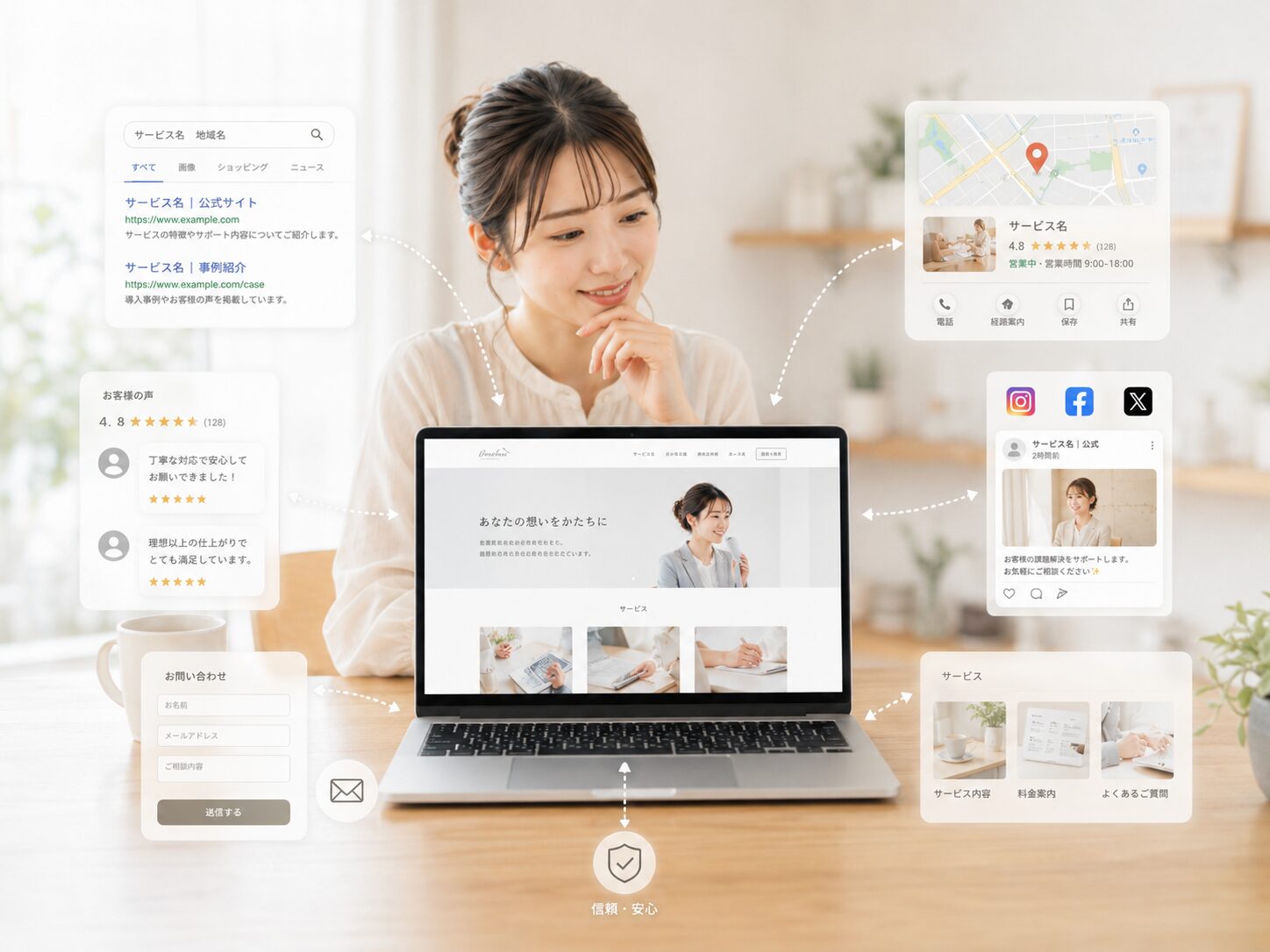 検索結果や口コミ、SNSから公式ホームページへつながる集客導線を確認する女性