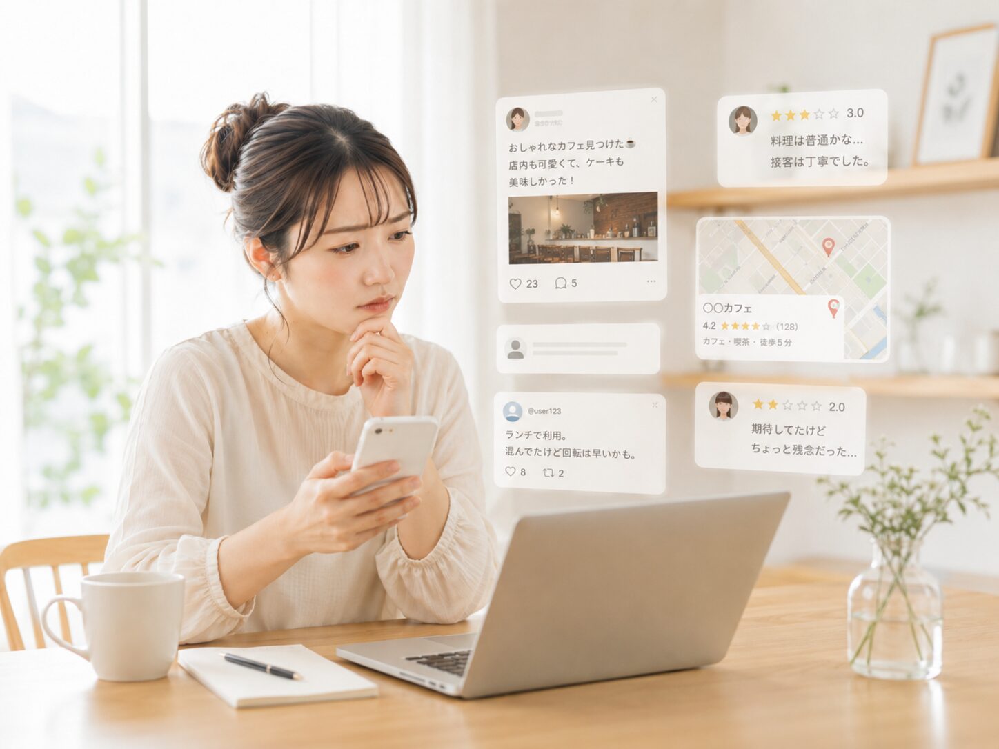 SNSや口コミサイトの情報を確認しながら、詳しい内容がわからず不安を感じる女性