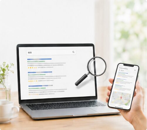 02：検索結果やスマートフォンから見込み客にホームページを見つけてもらうイメージ