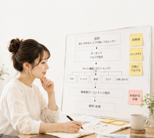 ホームページ制作前に目的やサイト構成を整理している企画設計のイメージ