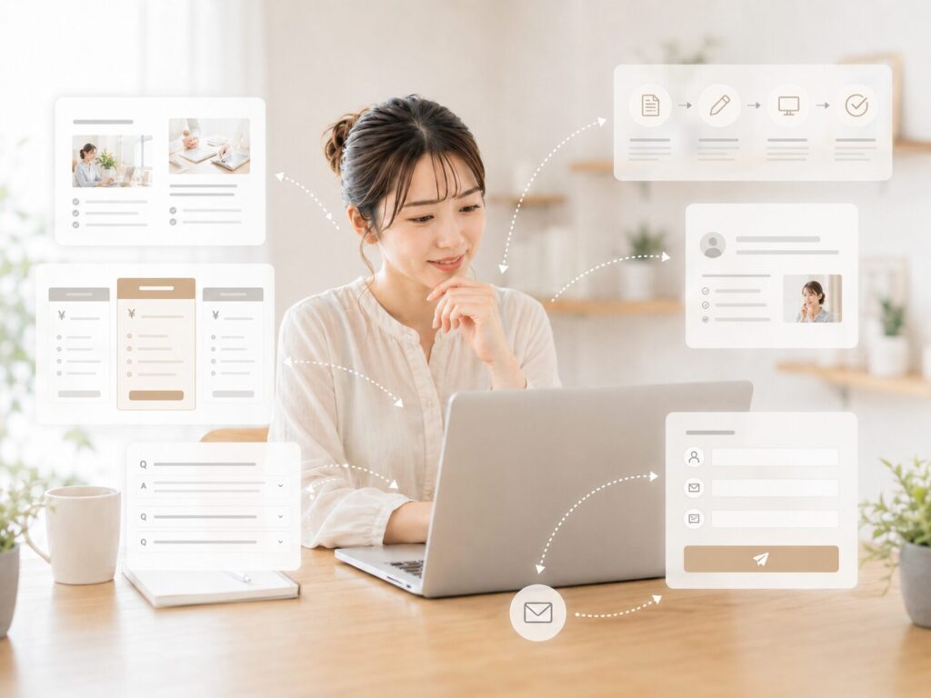 サービス内容や料金、よくある質問を整理し、お問い合わせにつながる導線を確認する女性