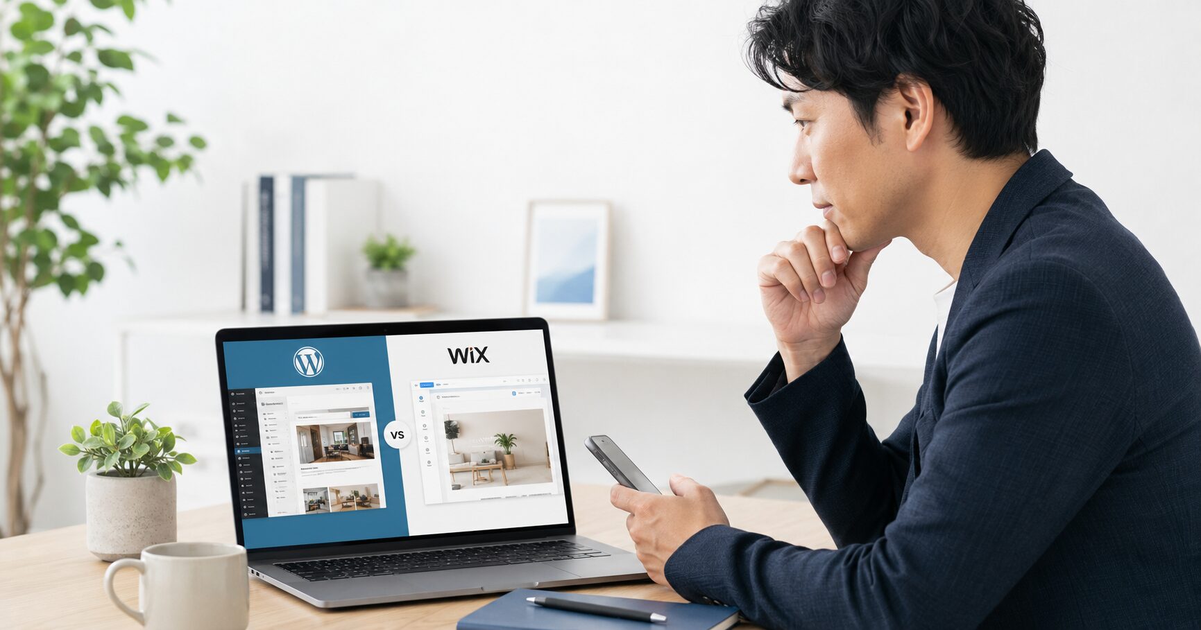 WordPressとWixを比較して悩んでいるイメージ