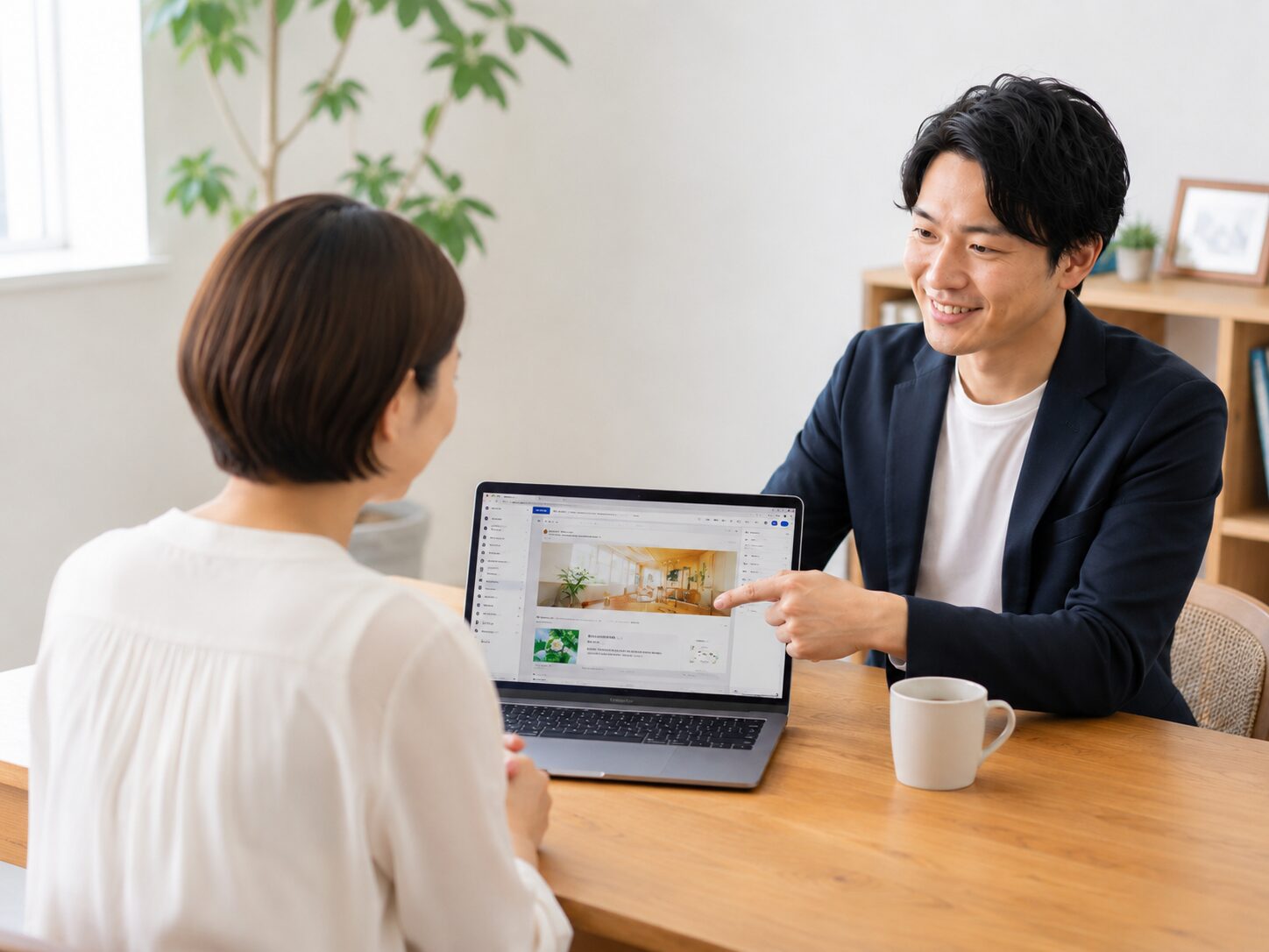 男性のホームページ制作者が、サービスの魅力が伝わるホームページ構成をお客様に提案している様子