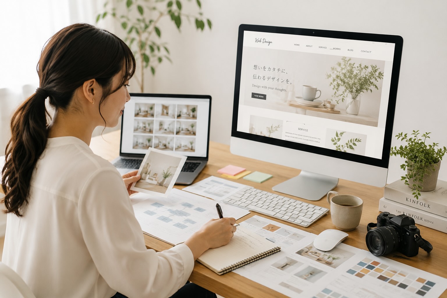 女性のデザイナーが原稿や写真の準備を行なっているイメージ
