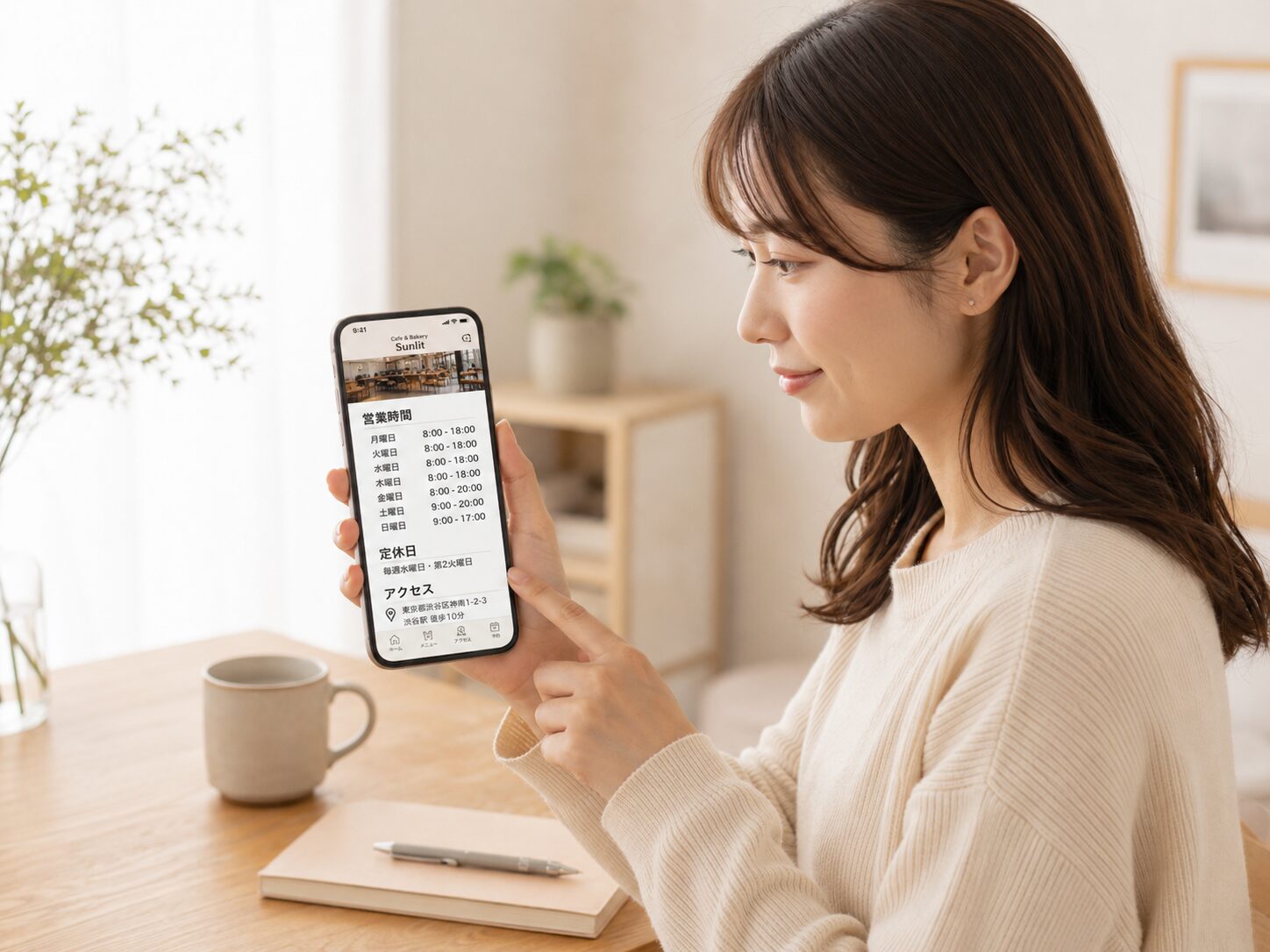 営業時間や定休日などが掲載しているスマホをみている女性のイメージ