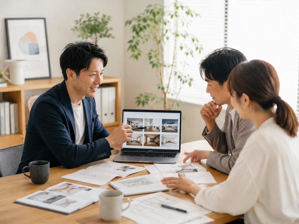 実績や事例の見せ方を確認しながら、ホームページ掲載内容を打ち合わせする担当者たち