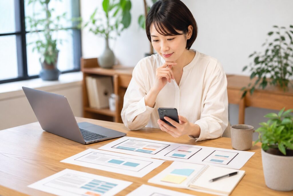 お問い合わせにつながるホームページの導線を確認している女性
