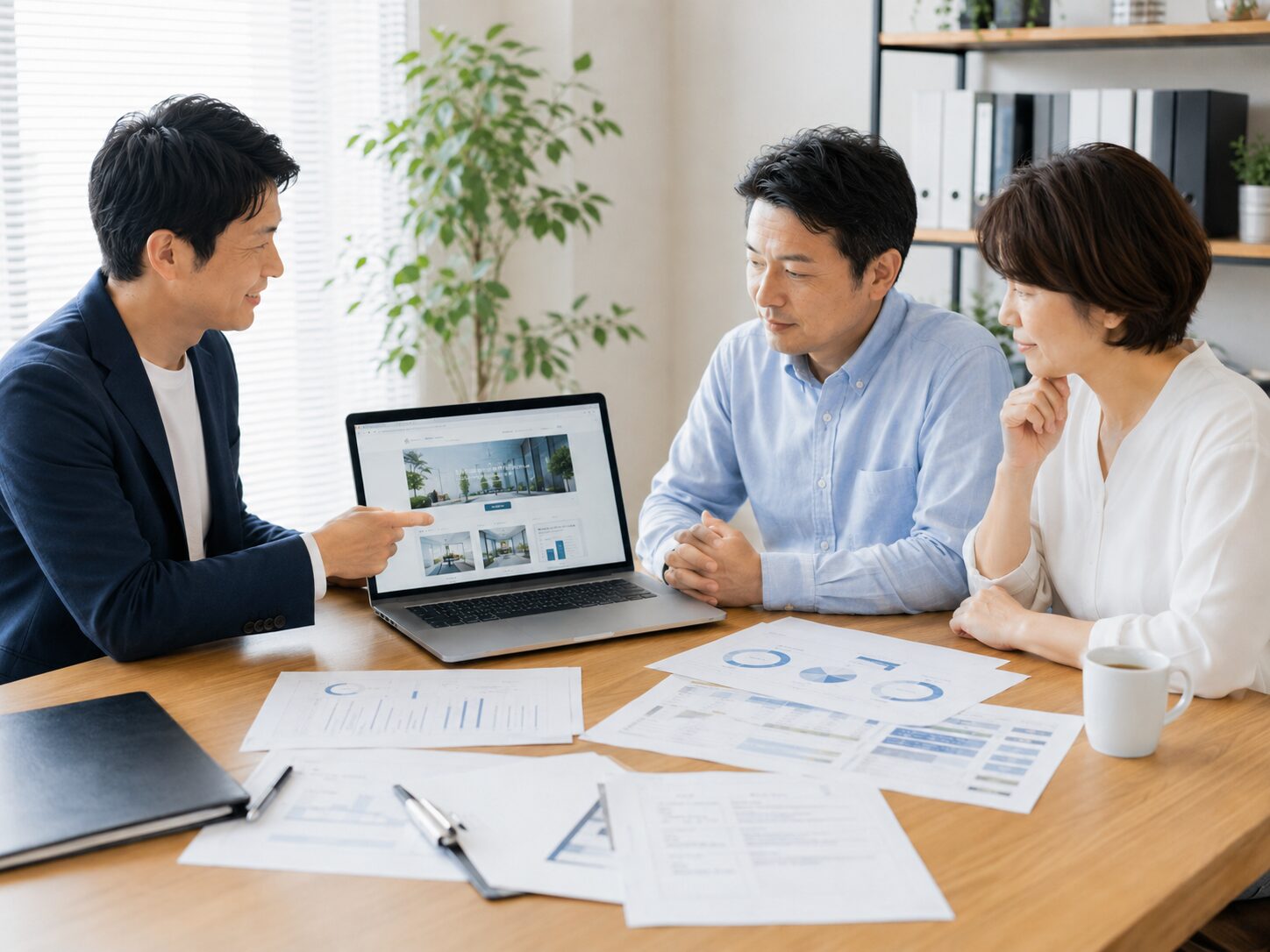 公開後の運用や改善まで考えながら、中小企業のホームページ制作について打ち合わせする担当者たち