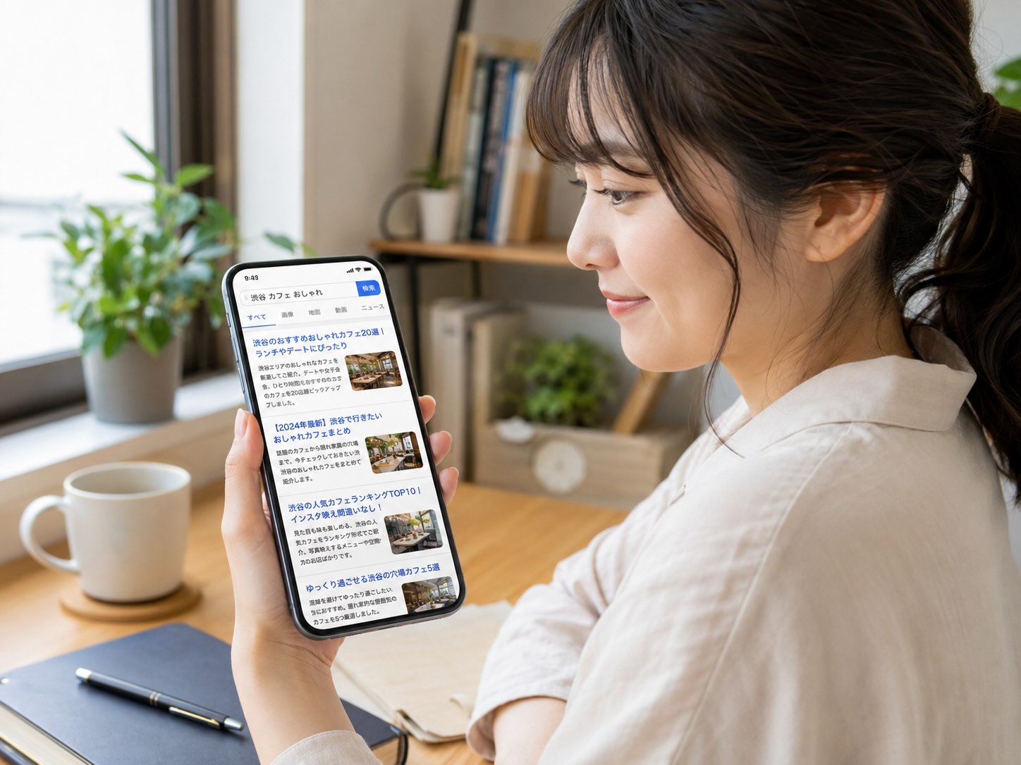 スマホで検索画面を見つめている女性のイメージ
