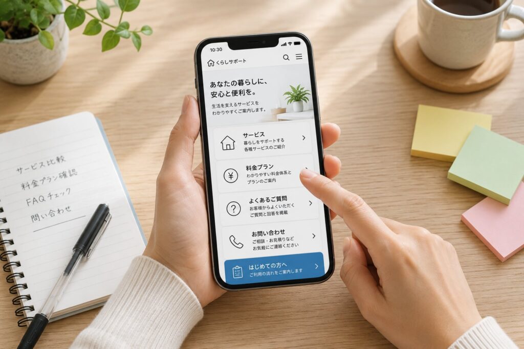 スマホのメニューを見つめている女性のイメージ