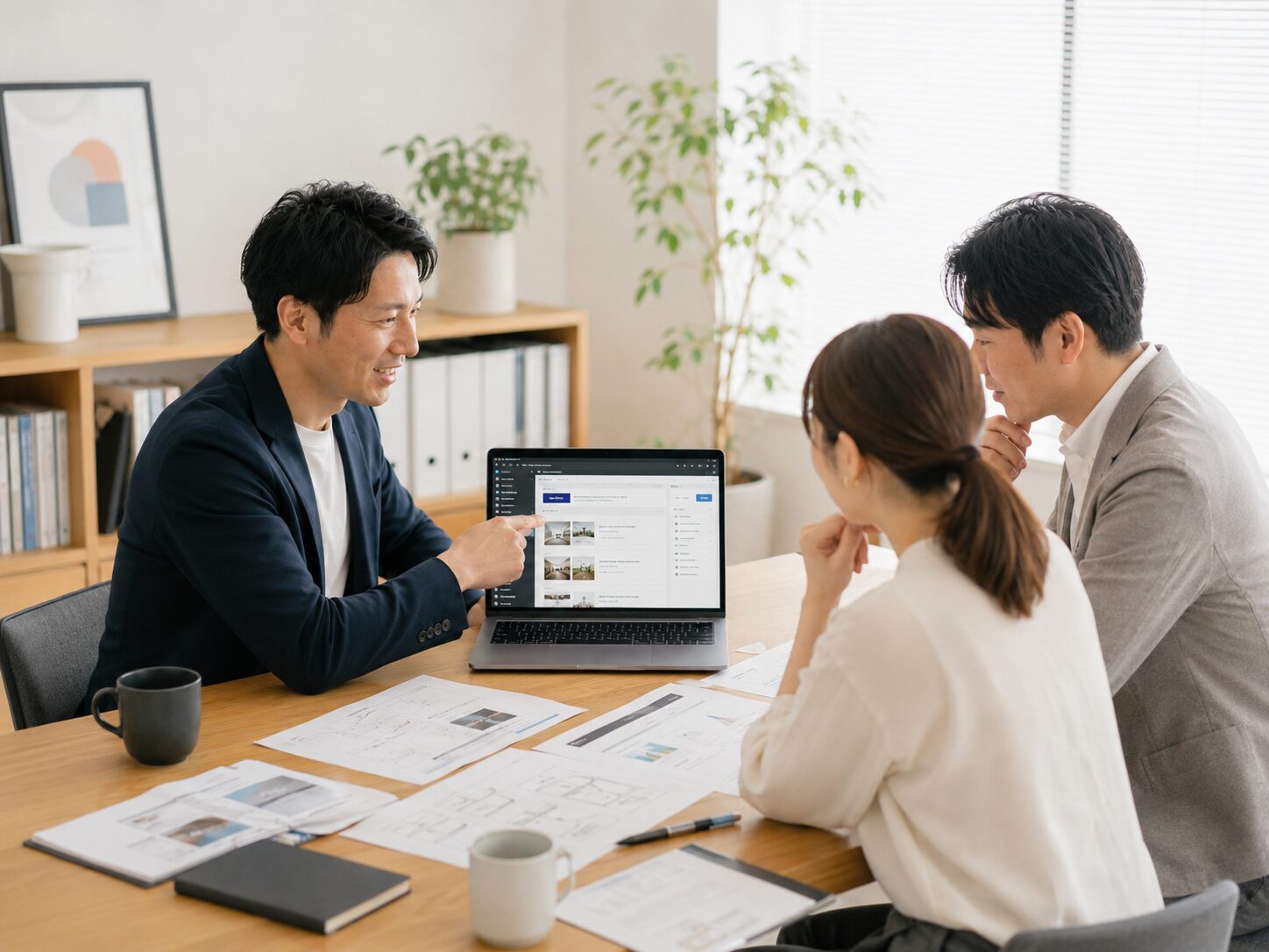 WordPressの管理画面を確認しながら、中小企業のホームページ運用について打ち合わせする担当者たち