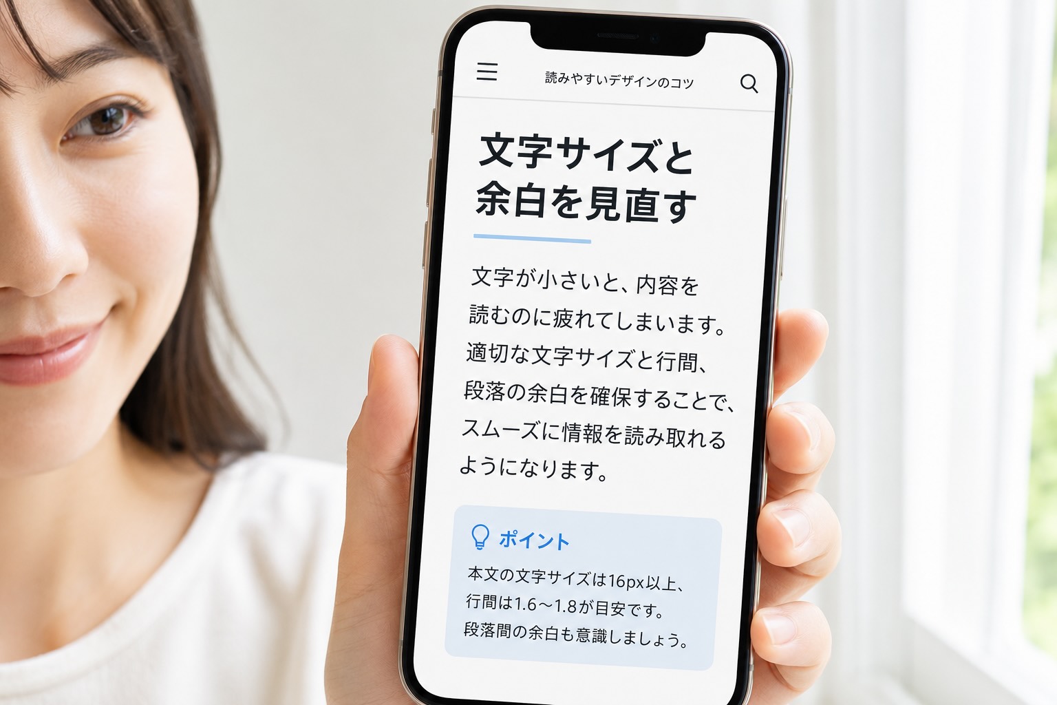 女性の手にはスマホを握り、画面には、文字サイズと余白を見直すと表示されているイメージ