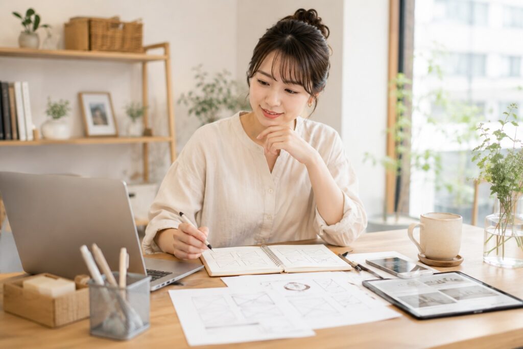 ホームページの構成を考えている女性のイメージ