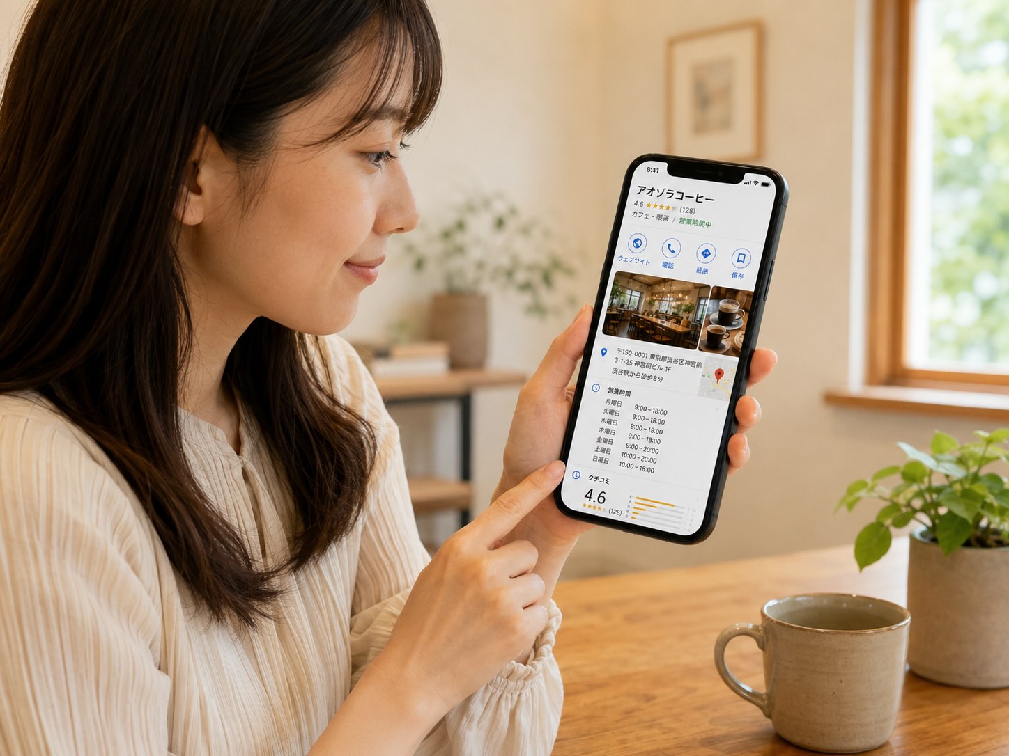 スマートフォンでgoogleビジネスプロフィールをみている女性のイメージ
