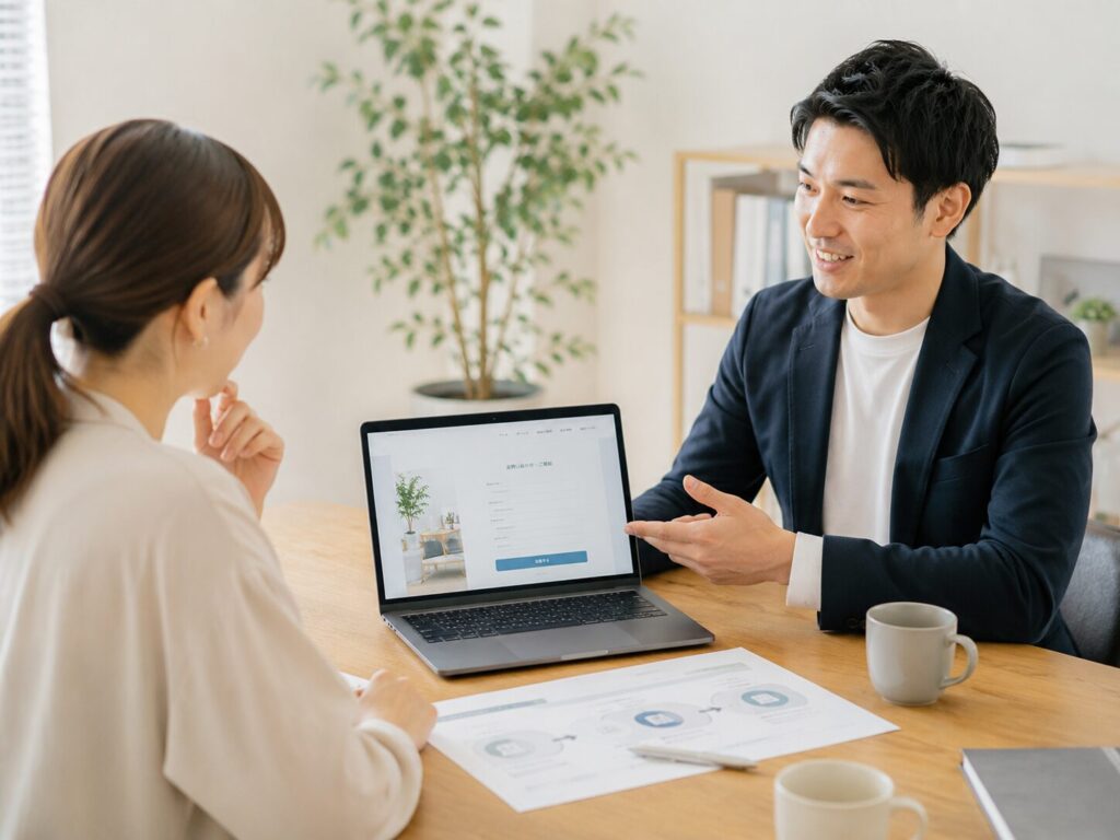 お問い合わせフォームや相談までの流れを確認しながら、導線設計を打ち合わせする担当者たち