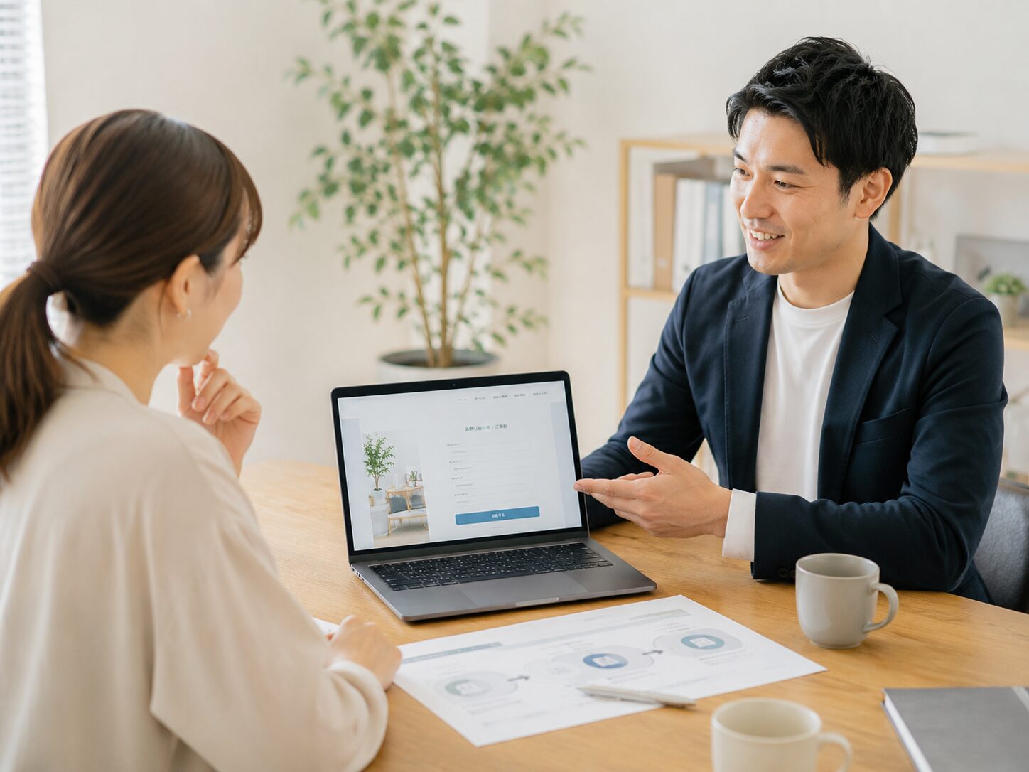 お問い合わせフォームや相談までの流れを確認しながら、導線設計を打ち合わせする担当者たち