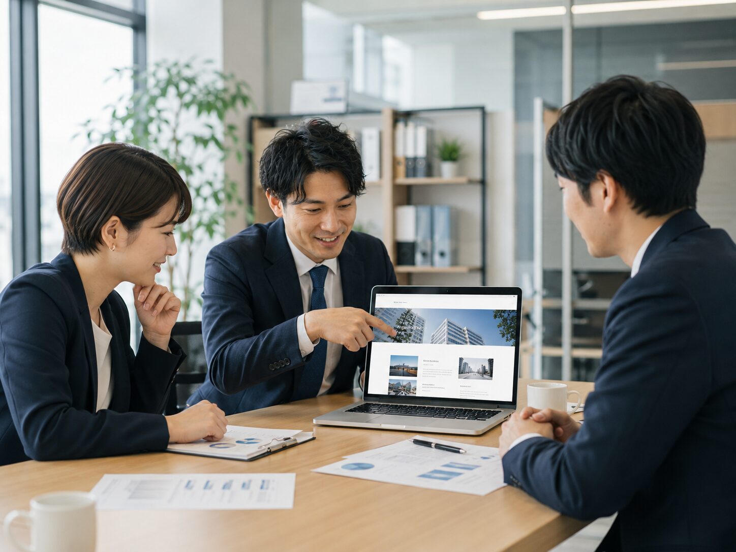 会社案内や事業内容を確認しながら、企業の信頼感を伝えるホームページについて打ち合わせする担当者たち