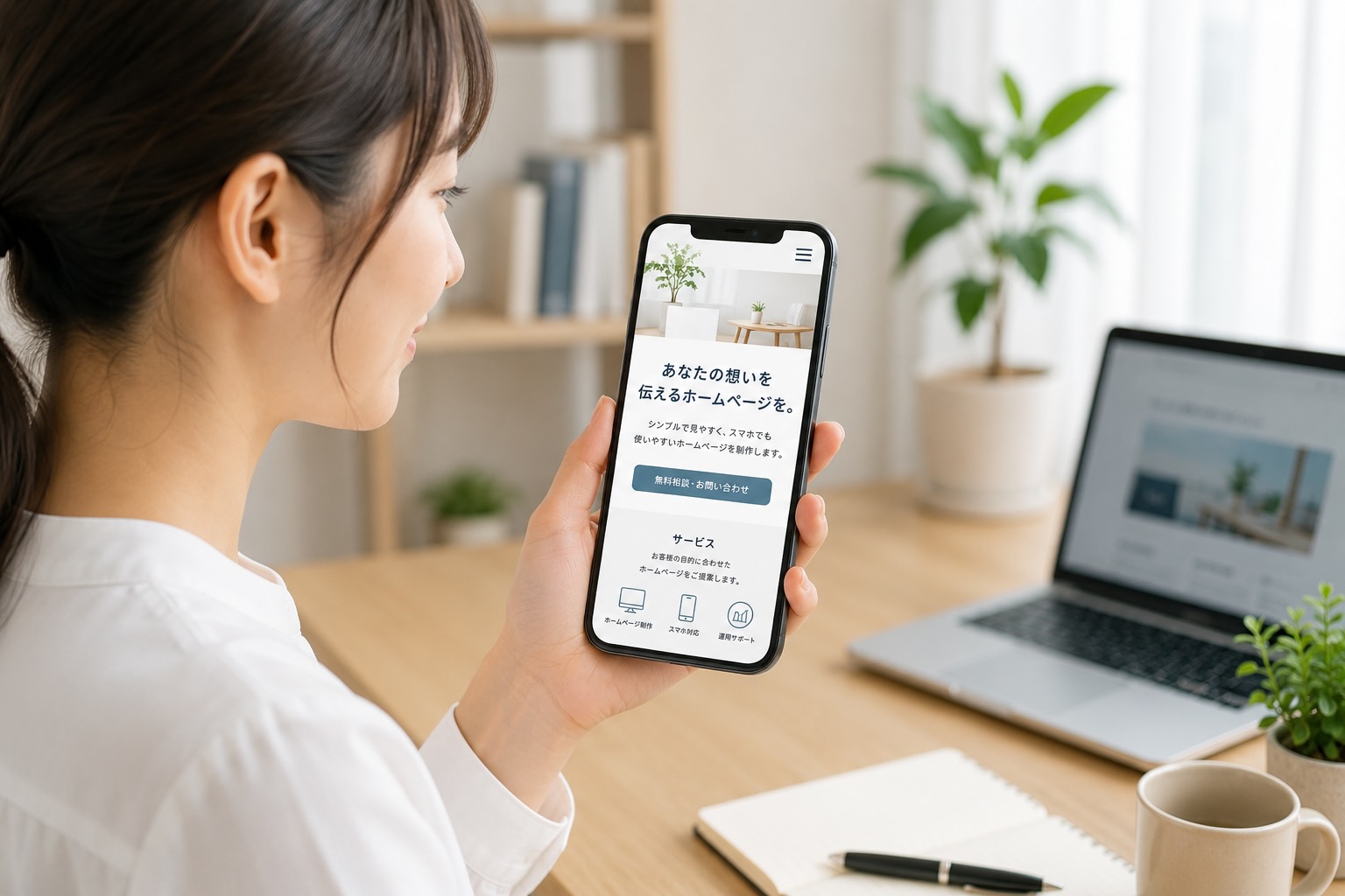 スマホでみても綺麗なホームページを閲覧している女性のイメージ