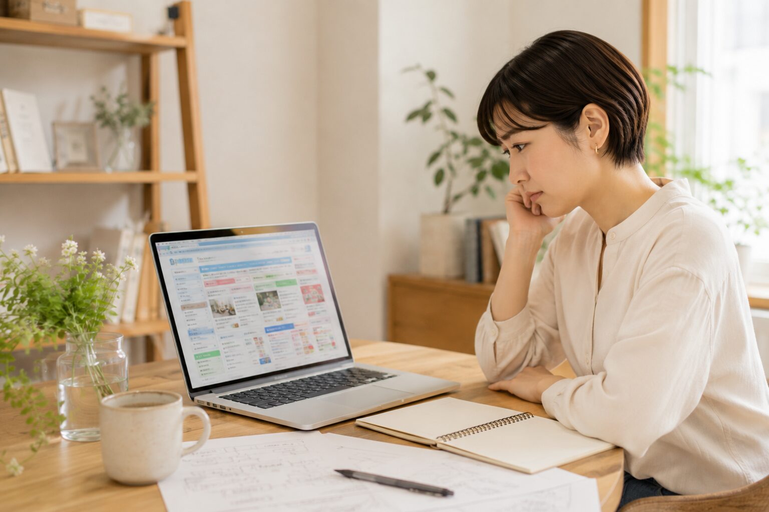 ノートPCを見ながら少し困っている表情の画像
