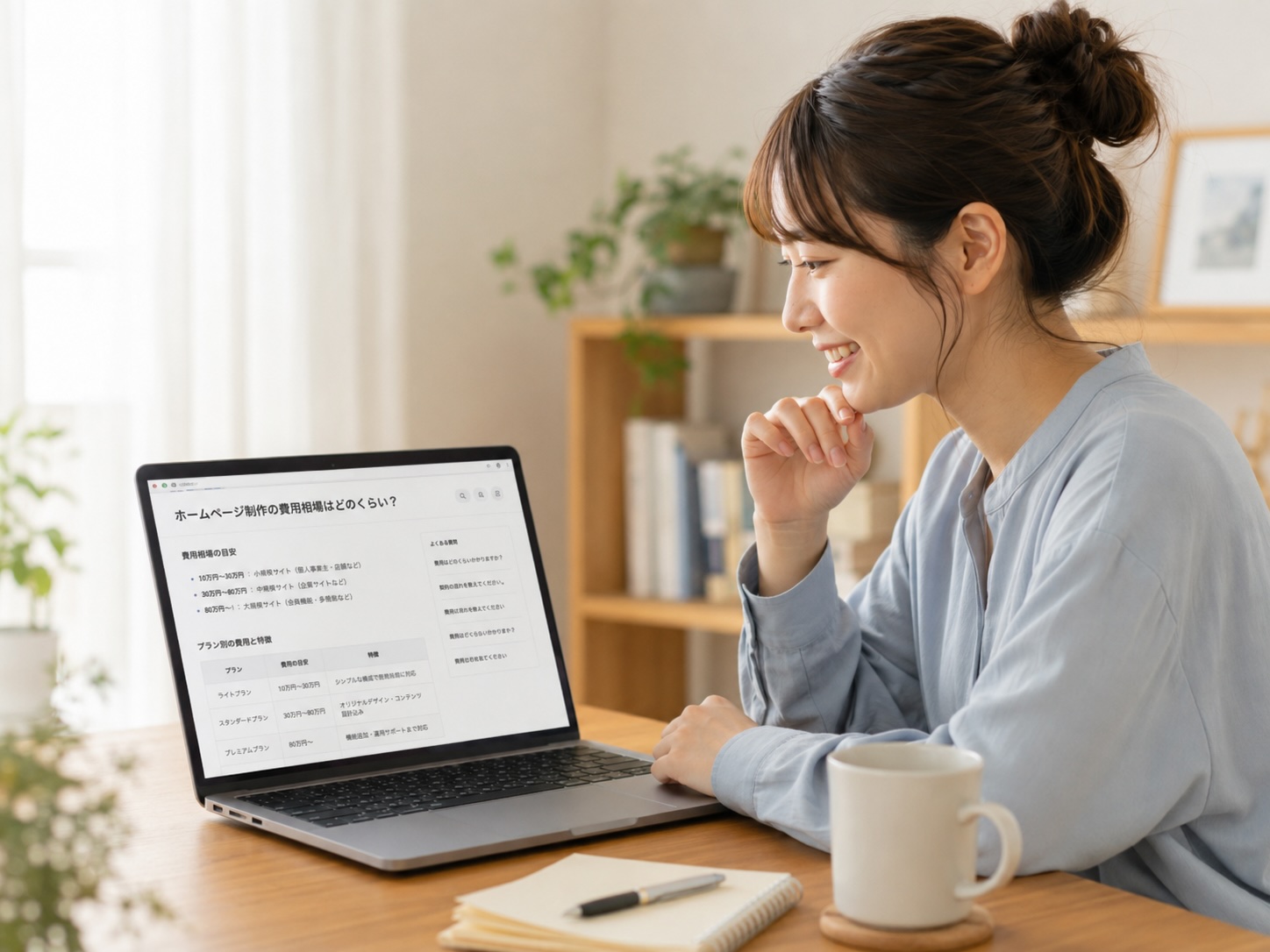 ホームページ制作の費用相場はどのくらい?とネットで探している女性のイメージ画像