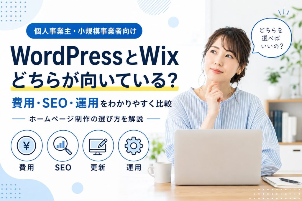 個人事業主・小規模事業者向け WordPressとWix、どちらが向いている？費用・SEO・運用をわかりやwすく比較。ホームページ制作の選び方を解説