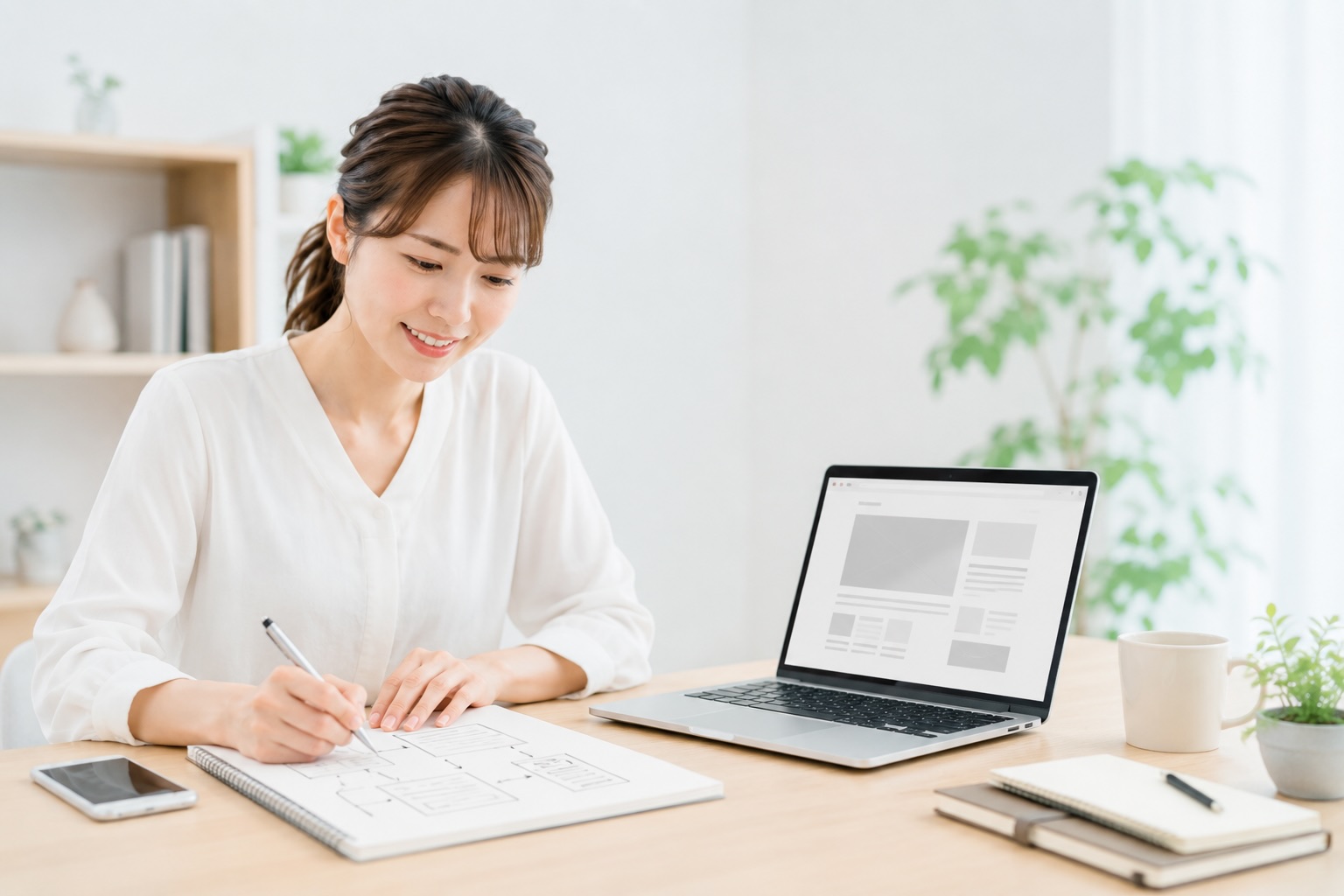 ホームページのお問い合わせ導線を設計しながら内容を整理している女性のイメージ