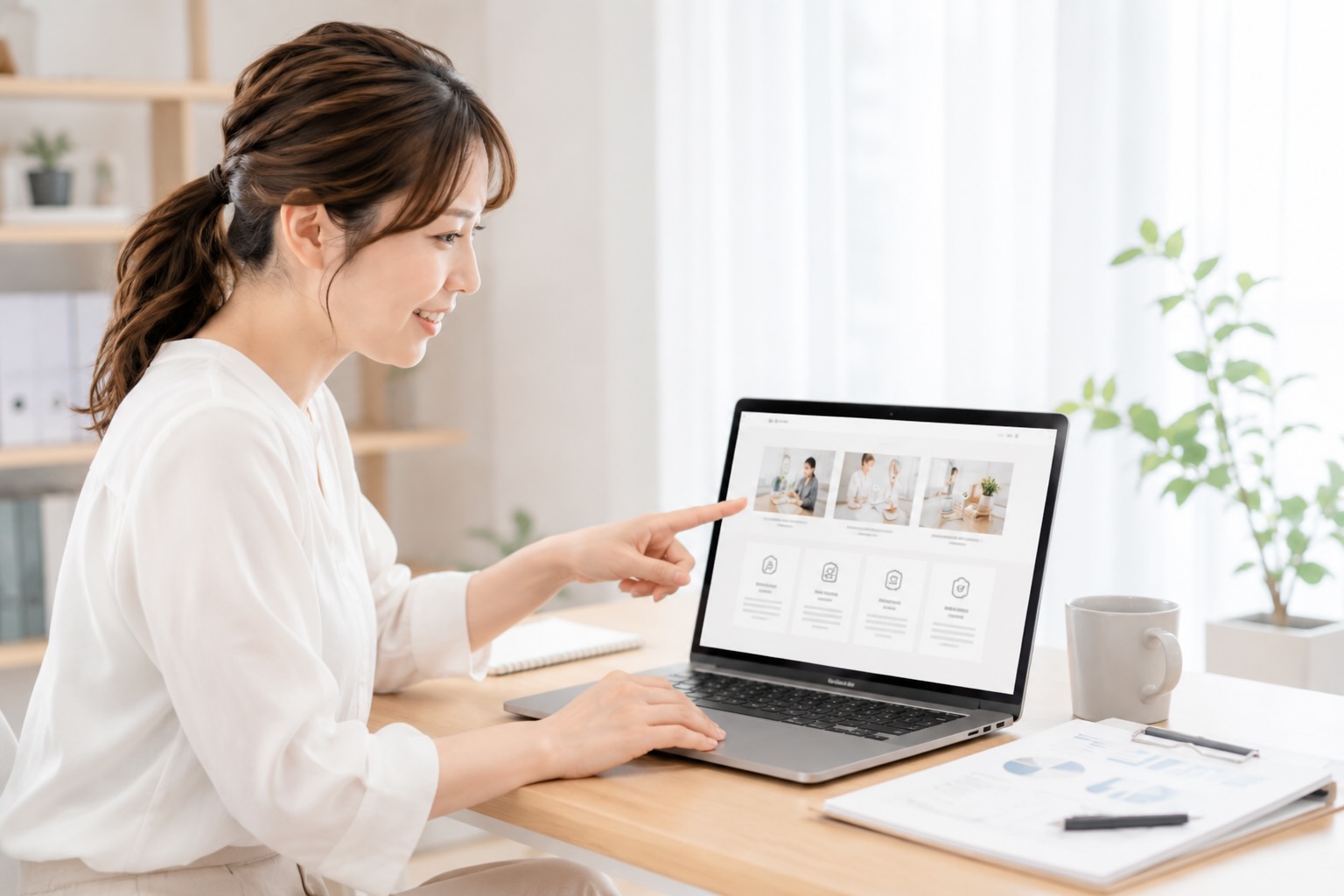 ホームページのサービス内容をわかりやすく整理しながら確認している女性のイメージ