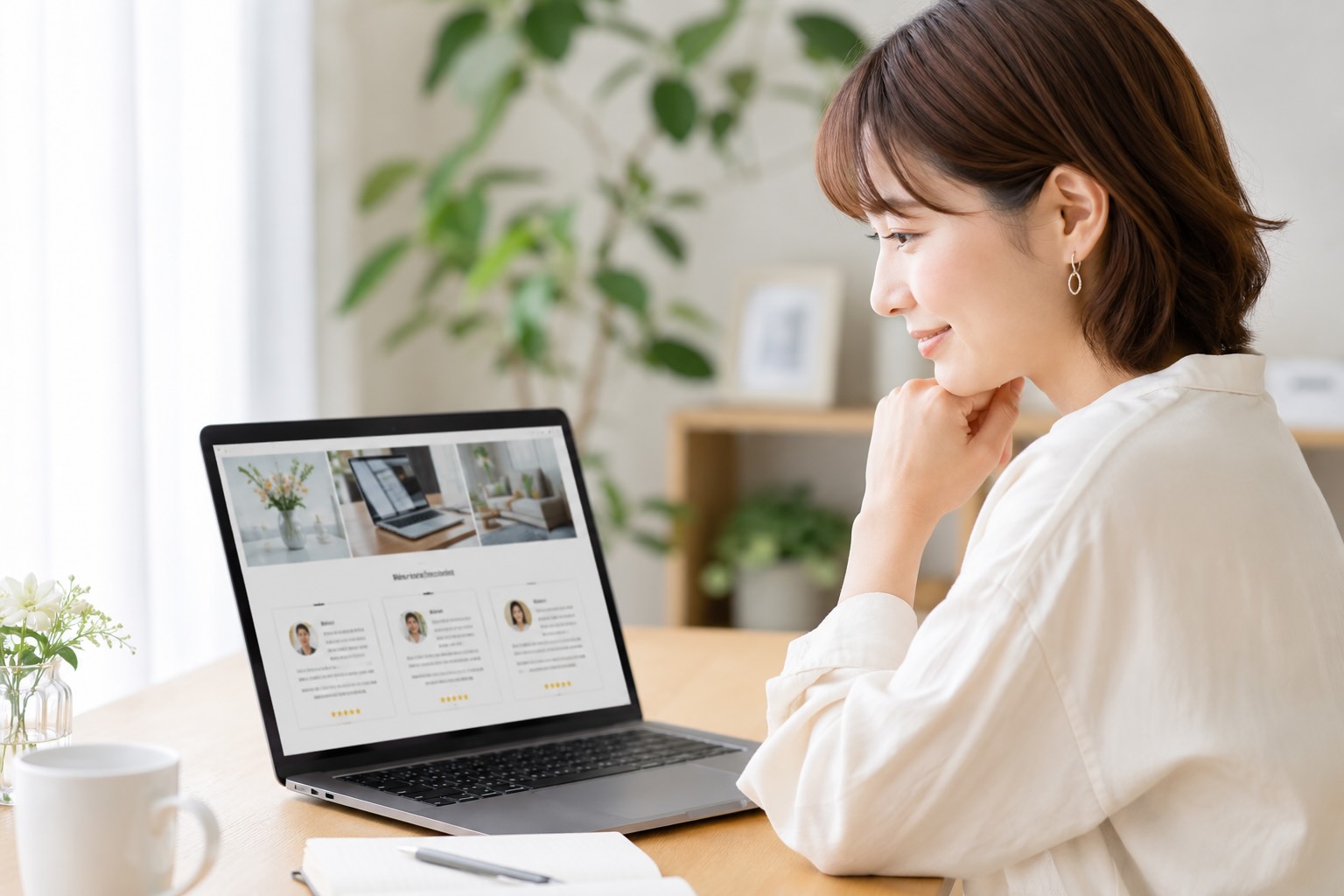 ホームページ上のお客様の声を確認して安心している女性のイメージ