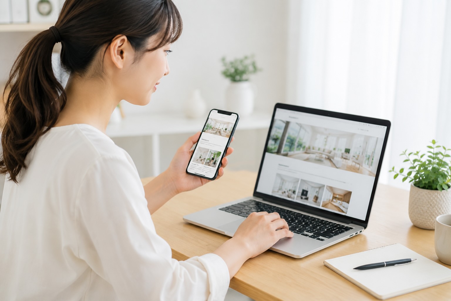 スマートフォンとパソコンでホームページの見やすさを確認している女性のイメージ