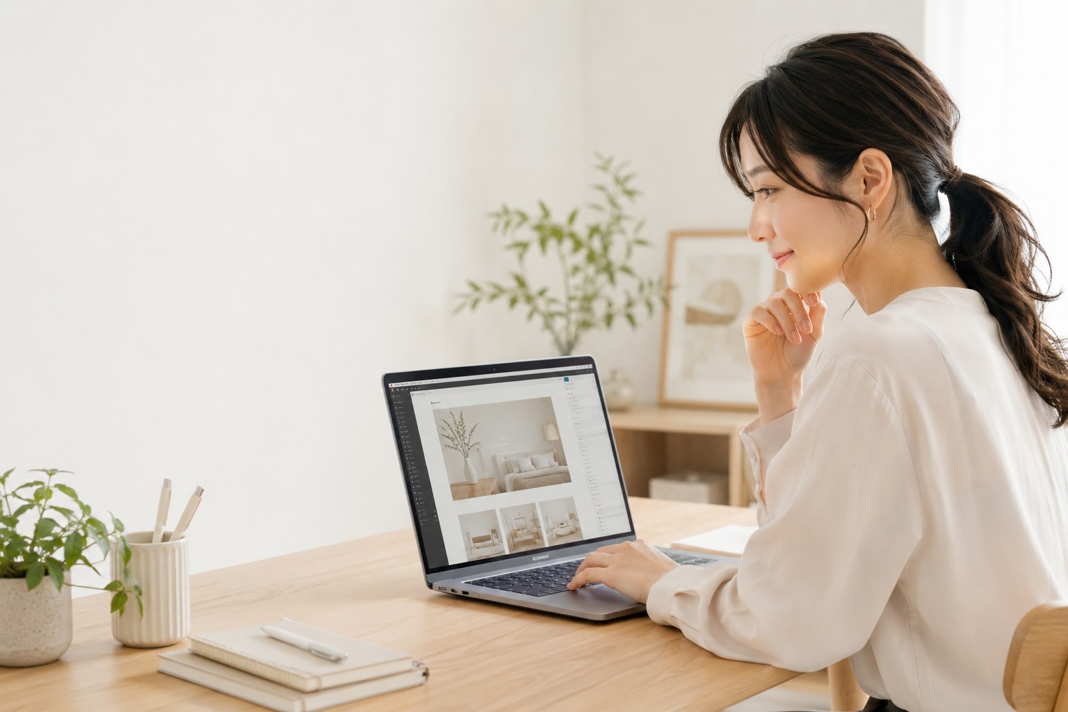 STUDIOでホームページ制作をノーコードで制作している女性のイメージ
