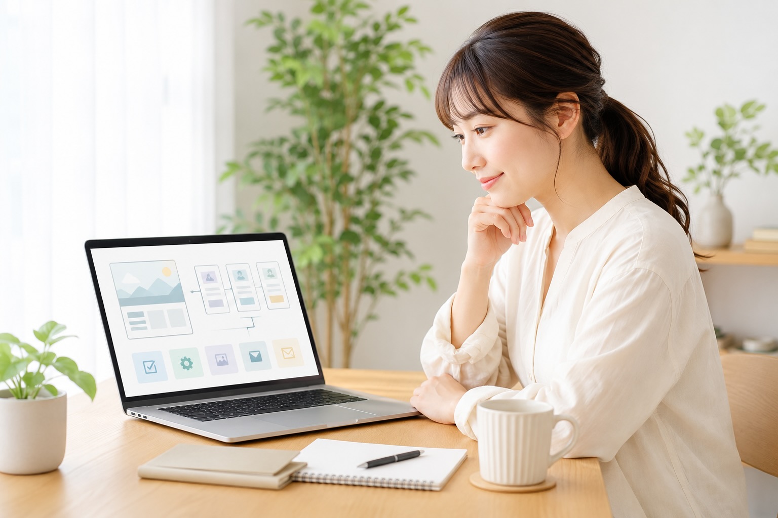 女性がノートパソコンを見ながら、必要なページや機能を整理し、費用を抑える方法を考えているシーン