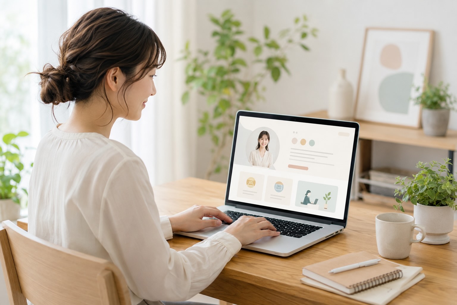 制作会社の人柄がわかるプロフィール画面を見ている女性のイメージ