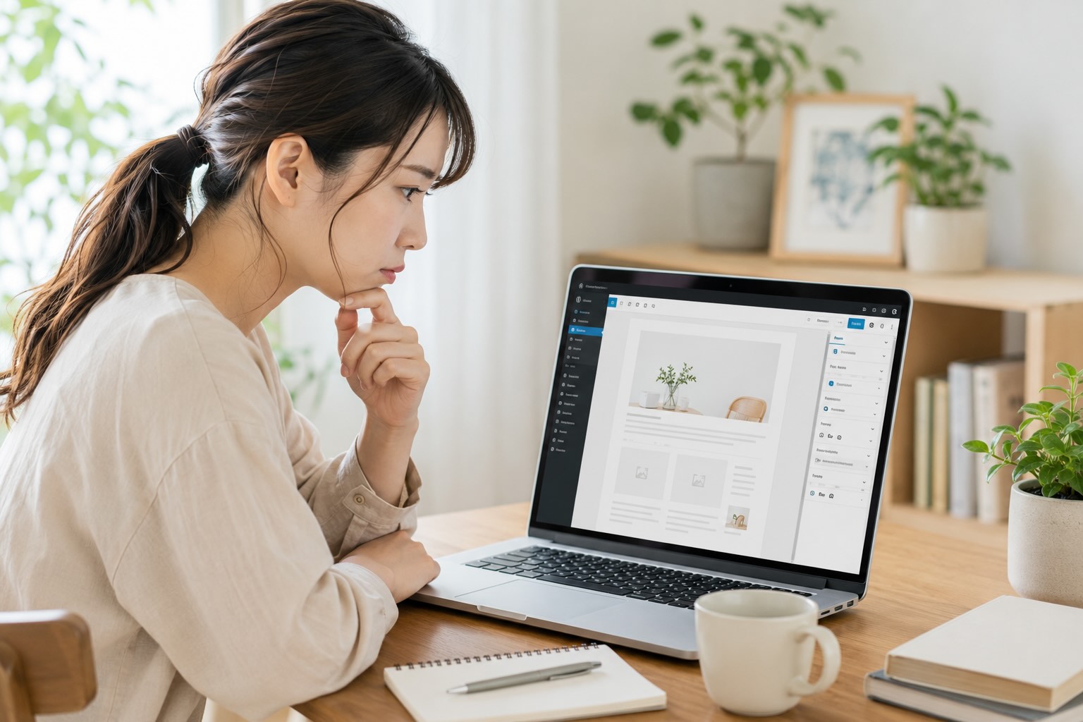 女性がブログ更新作業中に悩んでいるイメージ