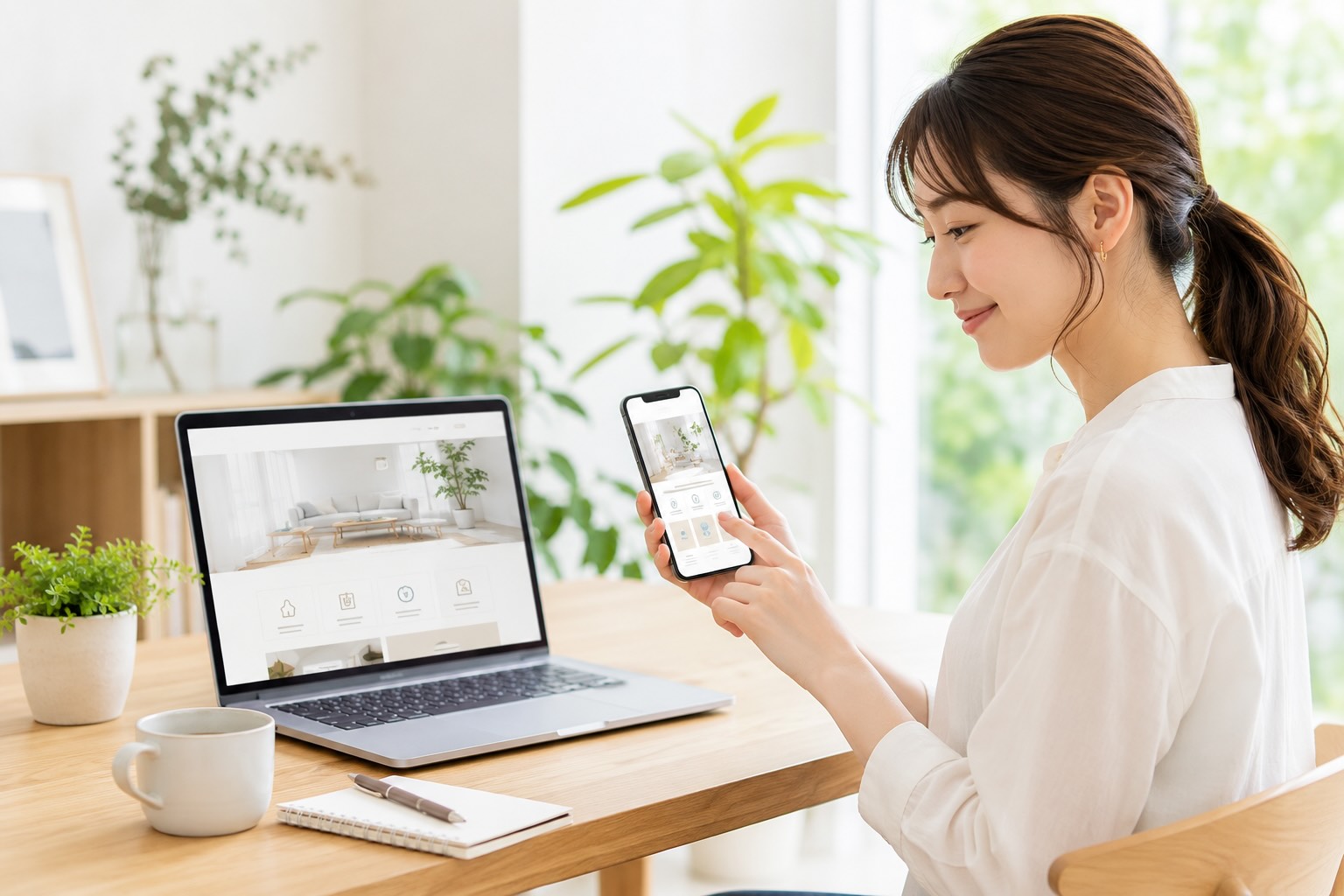 スマートフォンでも綺麗に表示されていてレスポンシブ対応されているのか確認している女性のイメージ