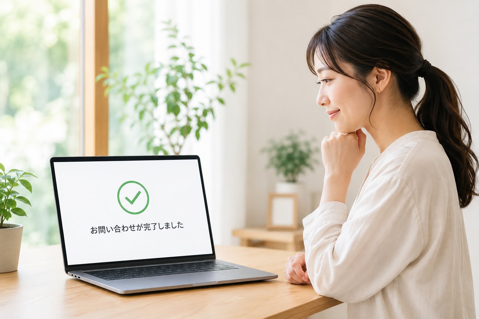 お問い合わせフォームからのお問い合わせが無事に届いたことを確認できた女性のイメージ