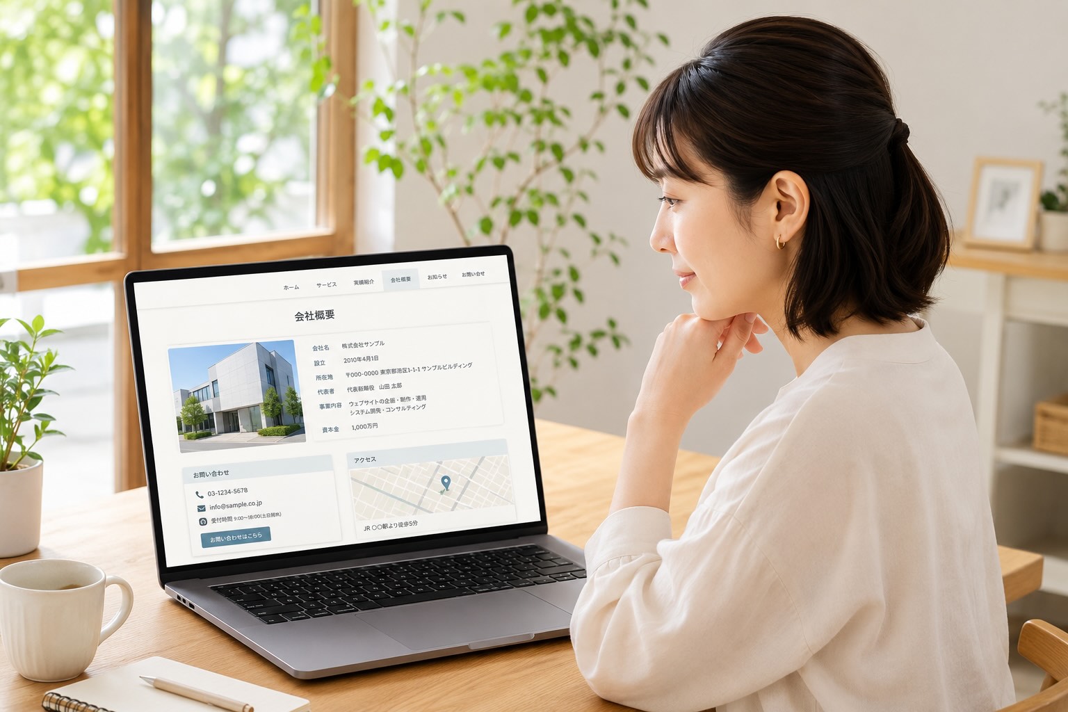 ホームページの会社概要の掲載内容に間違いがないか確認している女性のイメージ