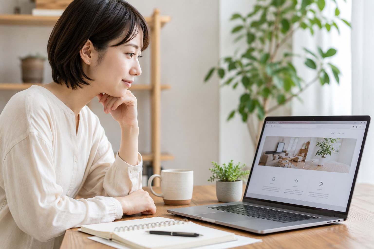 完成したホームページに誤字脱字がないか確認している女性のイメージ