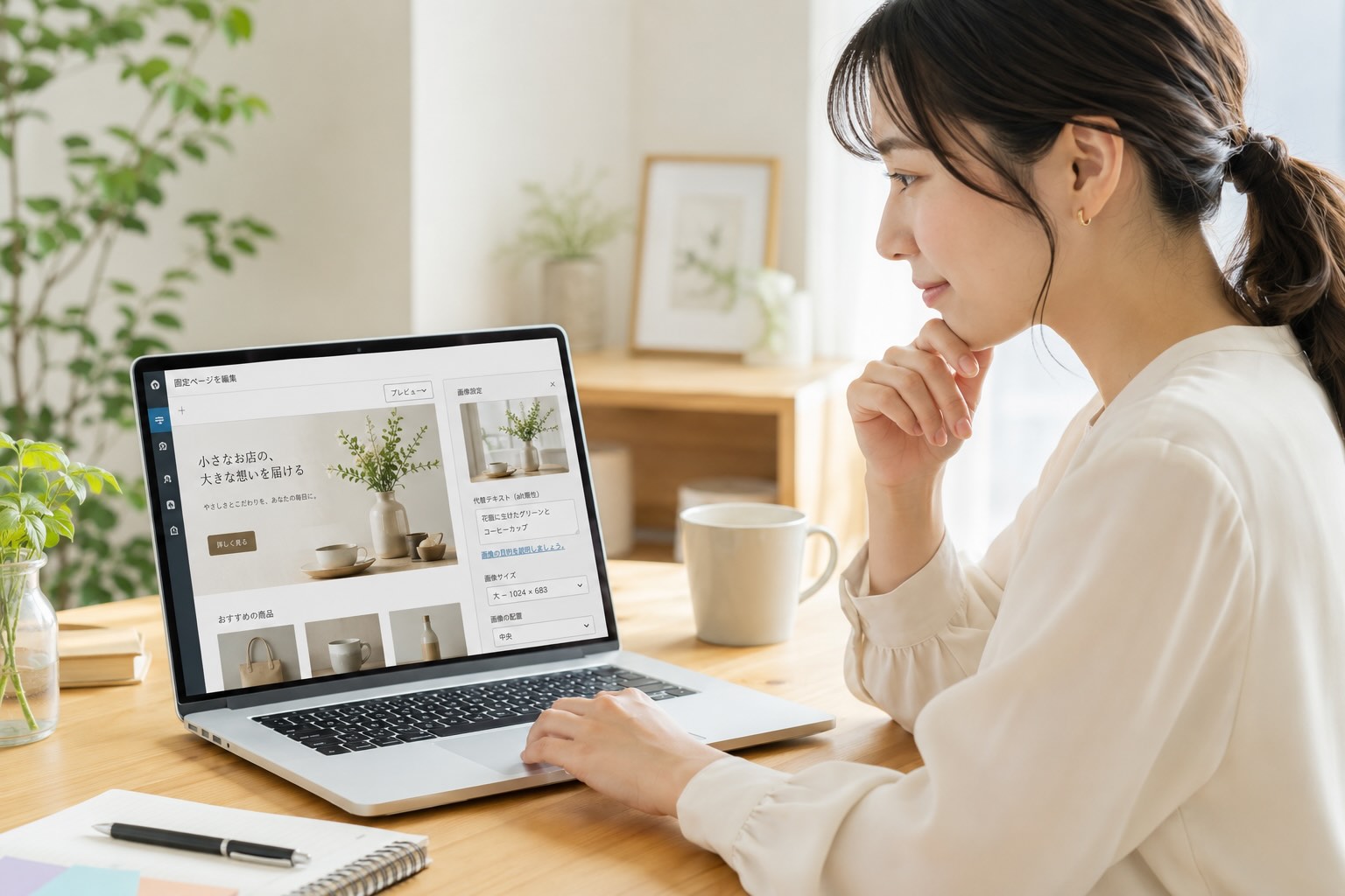 ホームページの画像の表示やalt属性を確認している女性のイメージ