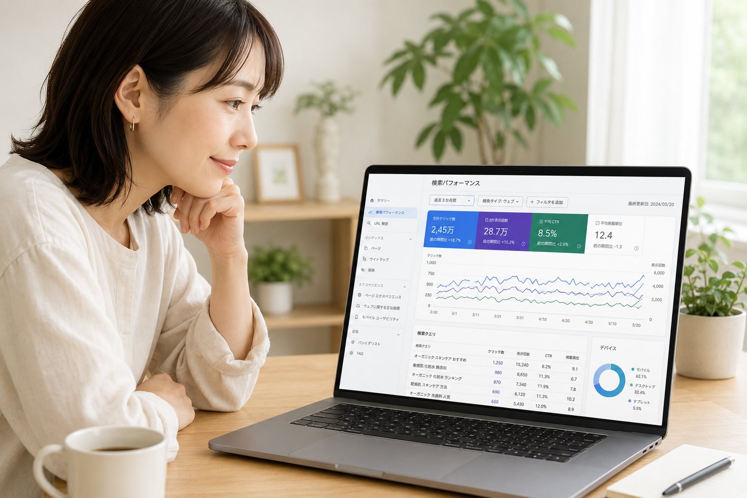 Search Consoleの表示を確認している女性のイメージ