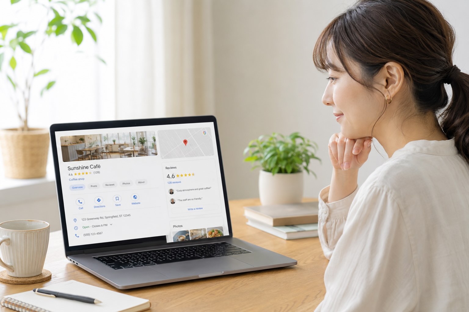 ノートパソコンでGoogleビジネスプロフィールの表示を確認している女性のイメージ