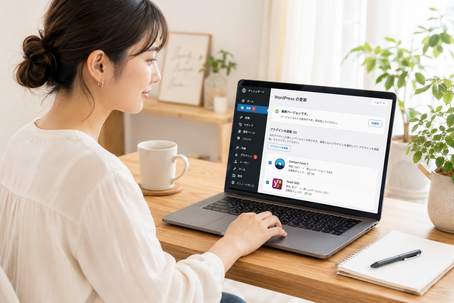 ノートパソコンで、WordPressやプラグインの更新の確認している女性のイメージ