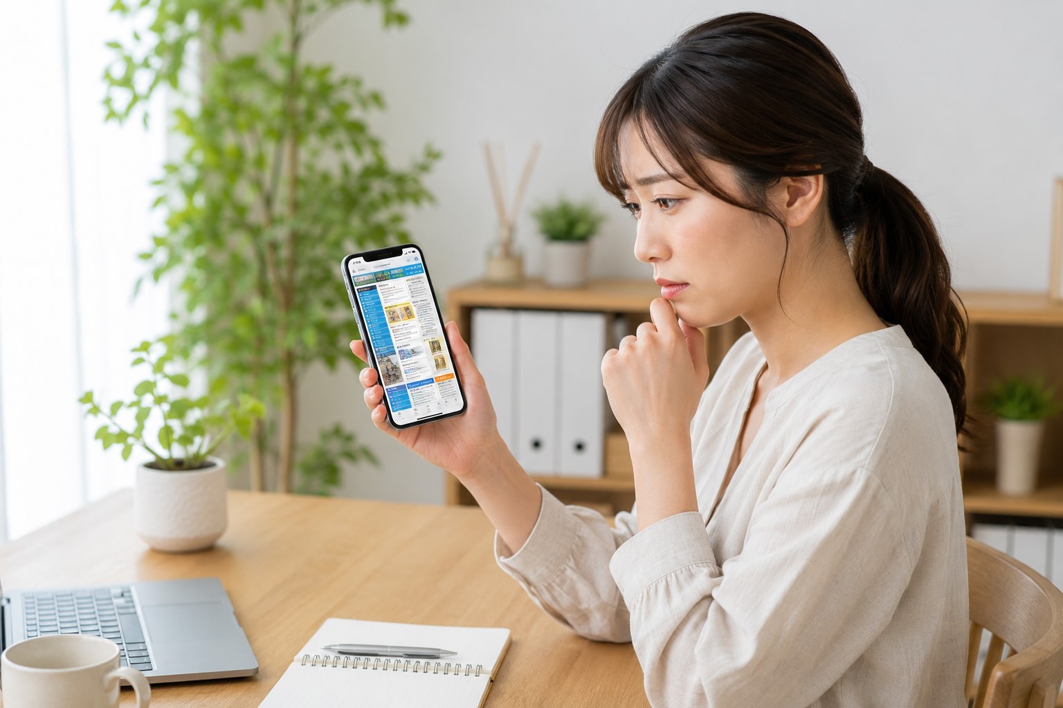 スマートフォンで見にくいホームページをみている女性のイメージ