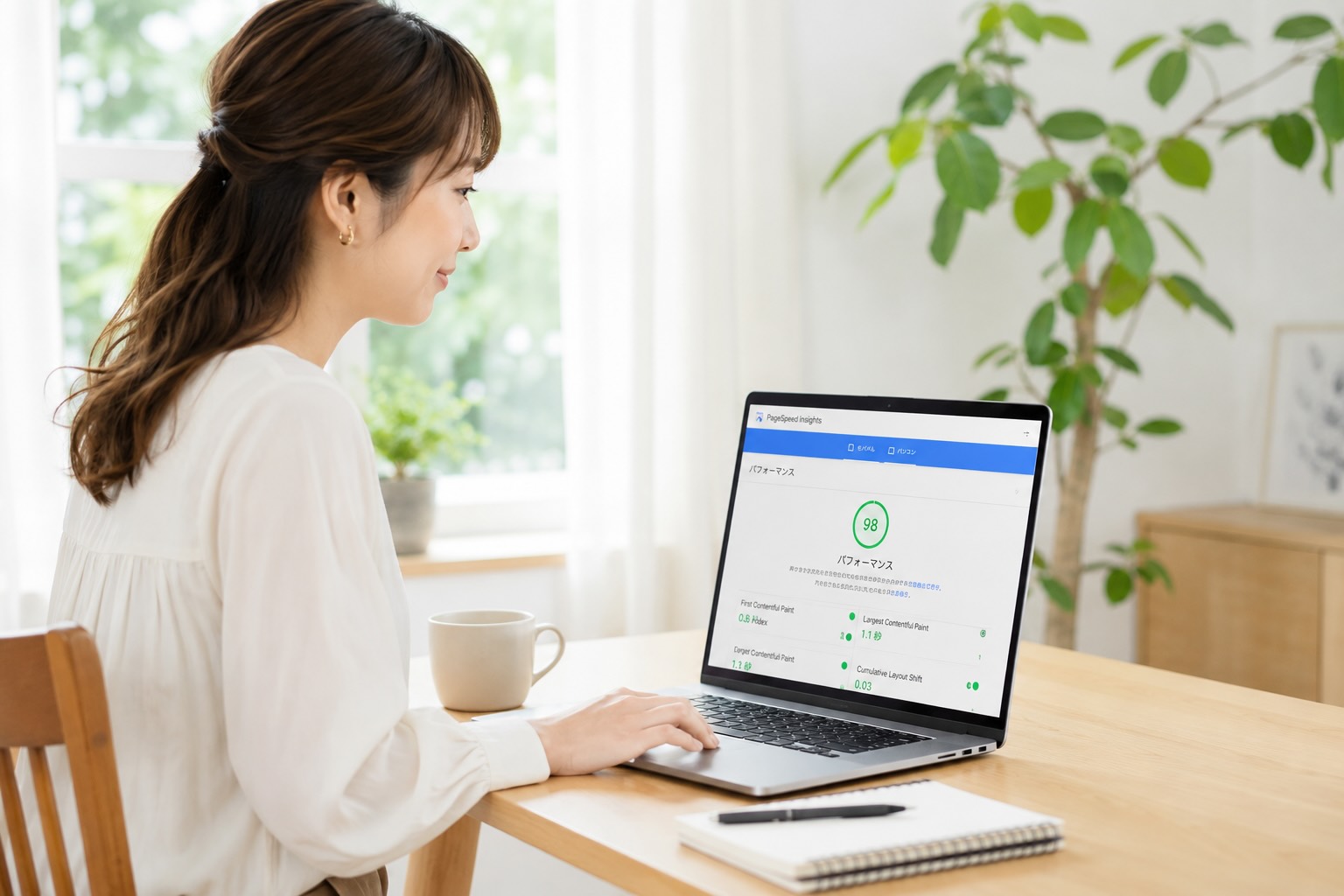 完成したホームページの表示速度を調べている女性のイメージ