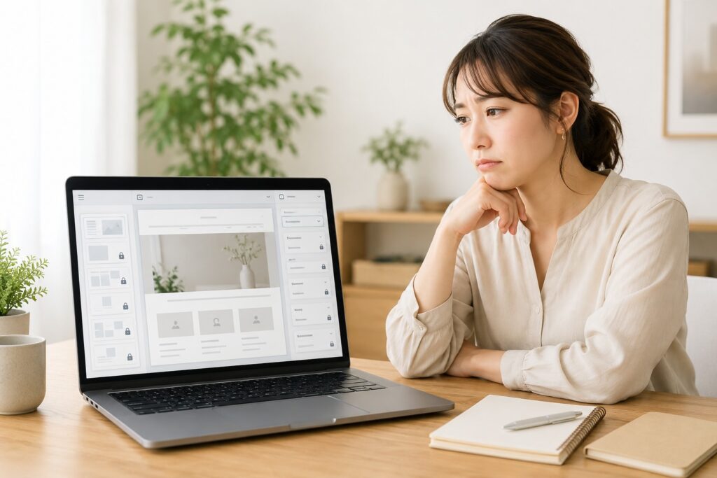 Wixのカスタマイズに制限がありがっかりしている女性のイメージ