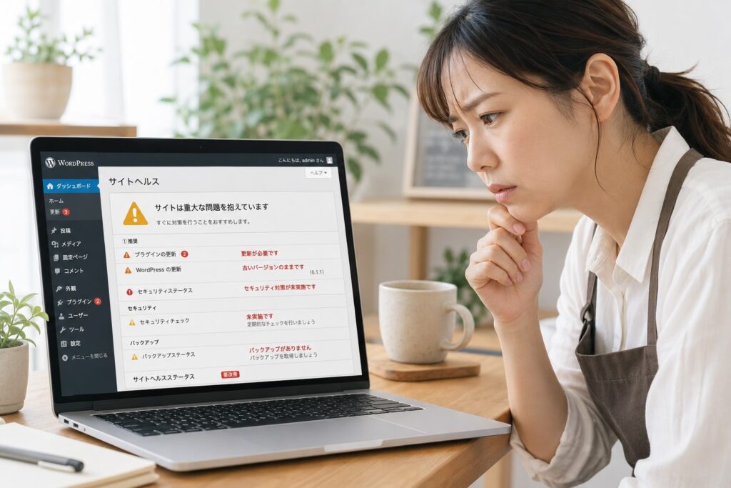 ノートパソコンで、セキュリティ対策を忘れて古い状態のまま放置していることが画面に表示され、それを怪訝な表情でみている女性のイメージ