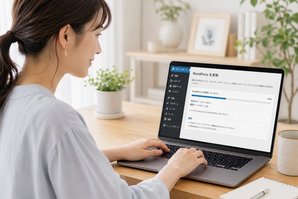WordPressの更新を行なっている女性のイメージ