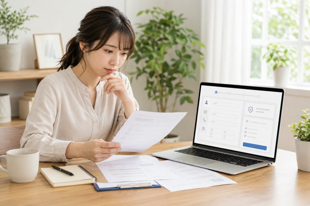 女性がノートパソコンと書類を見比べながら、契約者情報を確認しているシーン